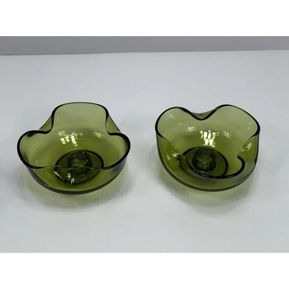 Vintage Anchor Hocking 2 Avocado Green Glass Candle Stick Holders Pair MCM 1970s